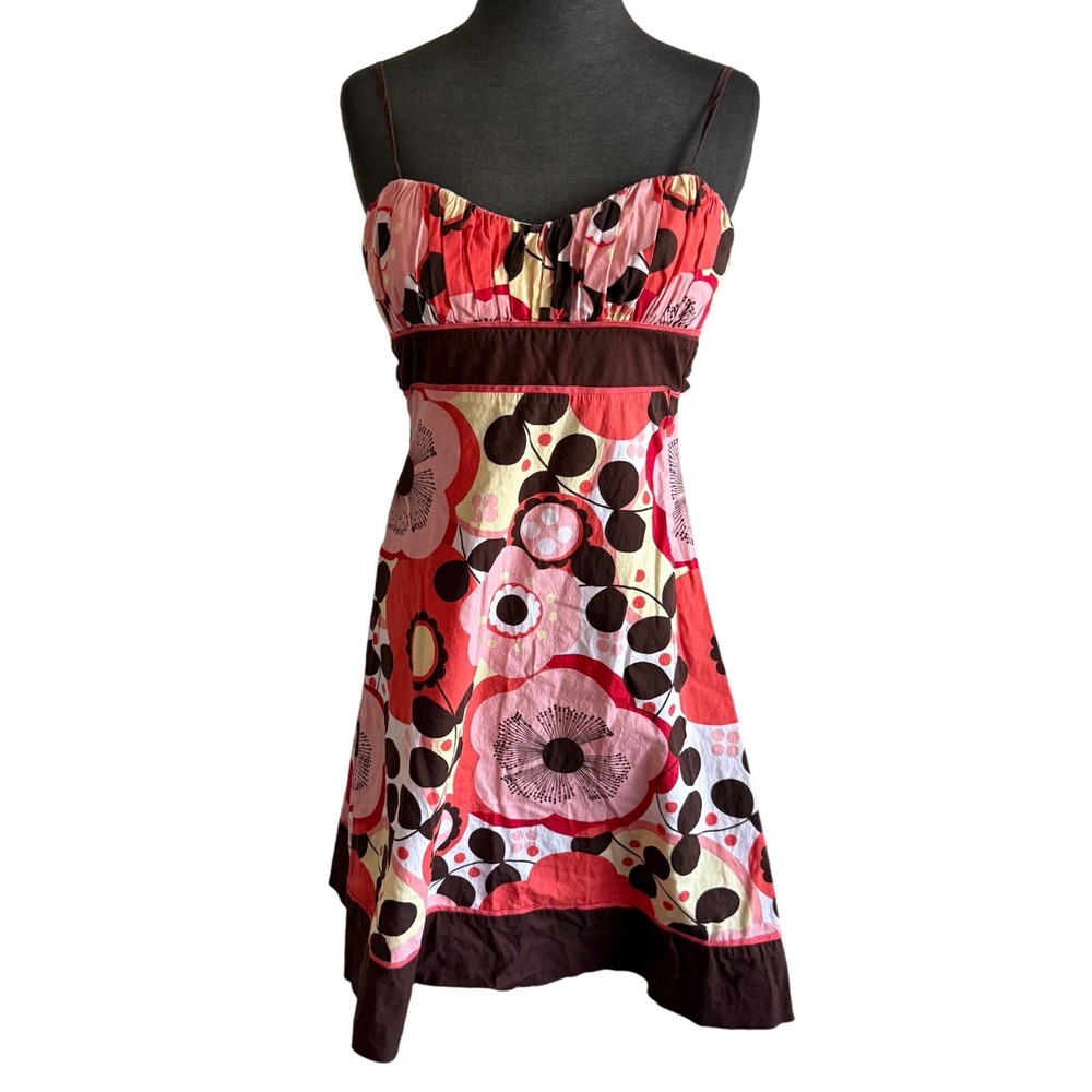 Speechless Floral Empire Waist Mini Dress Pink Brown Retro Print Size 5